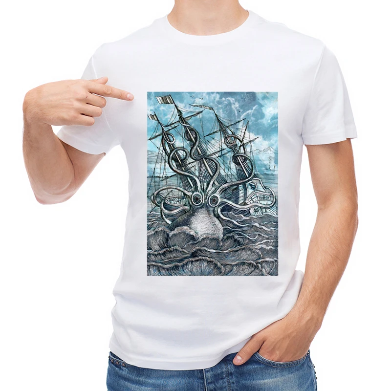 

TEEHUB Newest Sea Monster Men T Shirt Retro Octopus Attacking Ship Printed T-shirt Short Sleeve Casual Tops Fashion Boy Tees