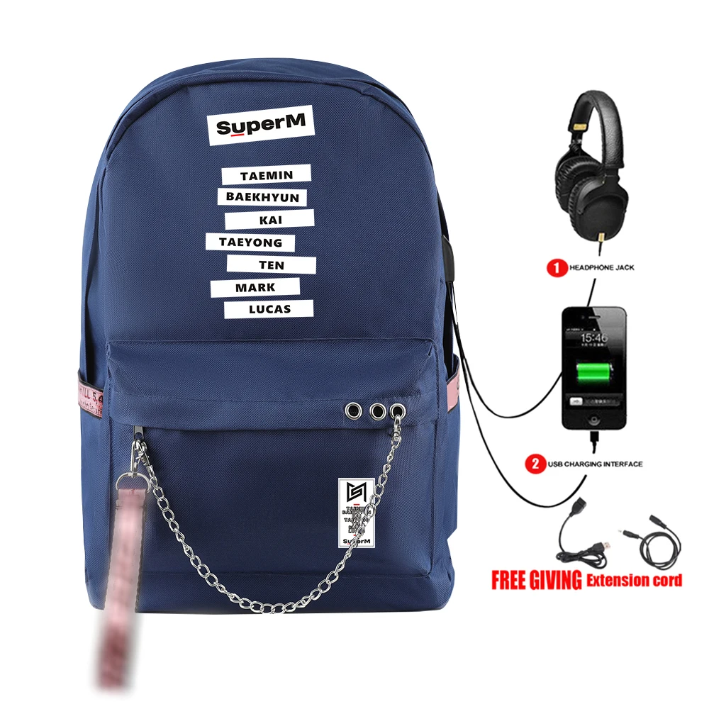 SuperM рюкзак KPOP крутой логотип команды стильный с подвесным орнаментом с USB молнией модный рюкзак для путешествий