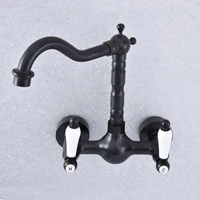 black oil rubbed brass bathroom kitchen sink basin faucet mixer tap swivel spout wall mounted dual ceramic handles msf705