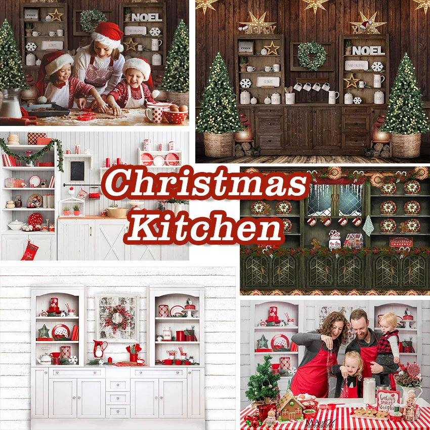 

Mocsicka Christmas Kitchen Backdrop for Photography Bustic Wood Cupboard Adult Children Family Portrait Background Photographic