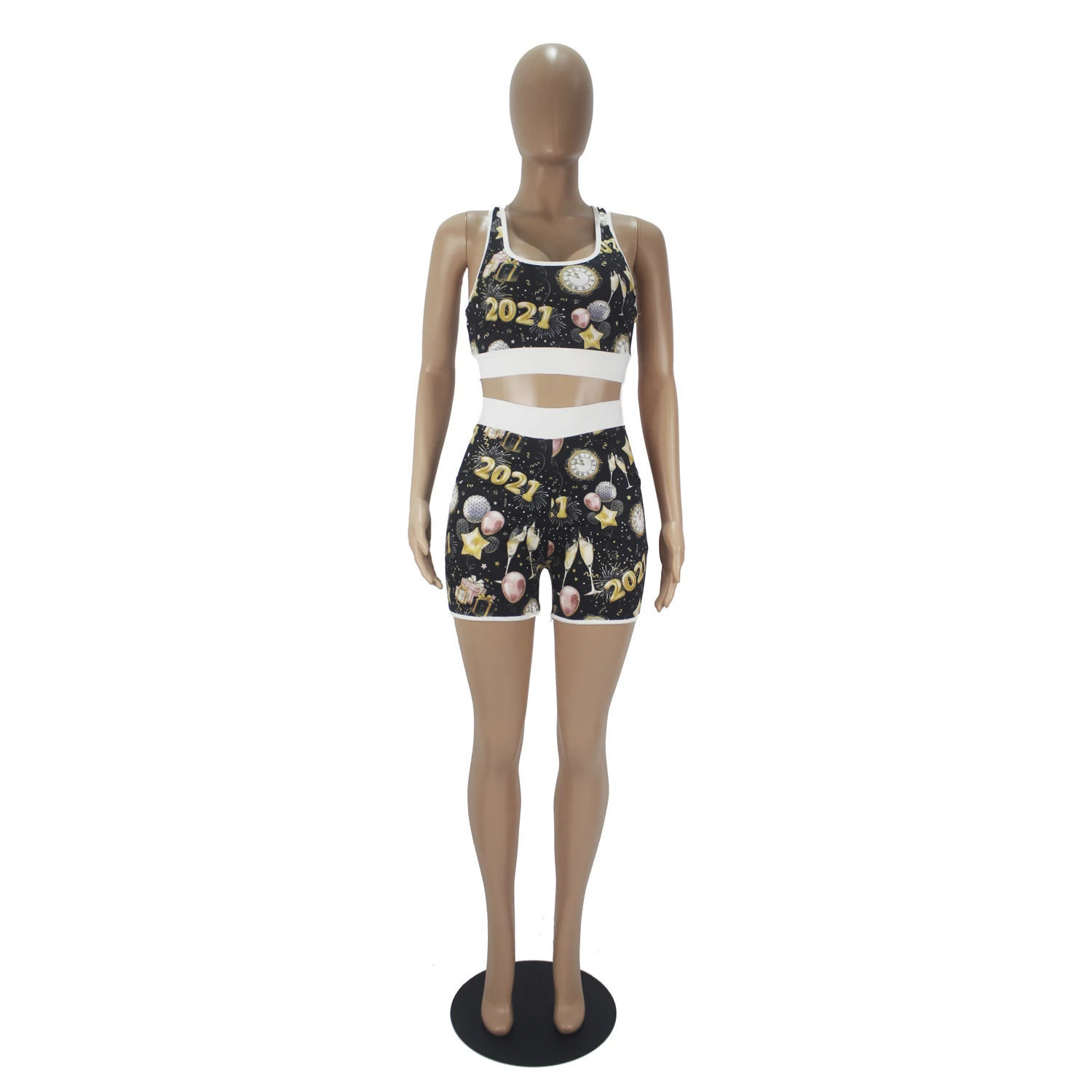 

Women Set Spaghetti 2021 New Year Two Piece Sets Sexy Outfit Party Yoga Suits Tracksuits Strap Crop Top And Mini Biker Shorts