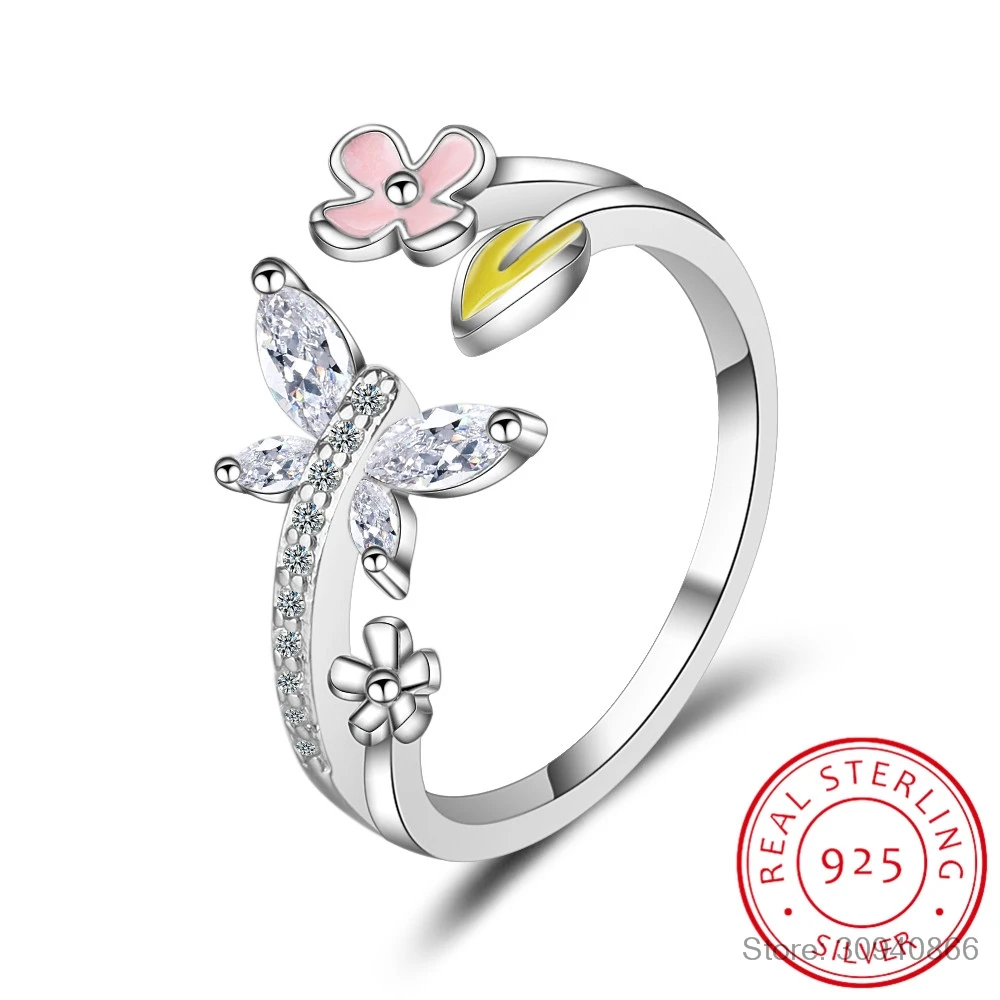 

LEKANI New Trendy 100% 925 Sterling Silver Love of Butterfly Pink Flower Open Rings for Women Wedding Silver Fine Jewelry
