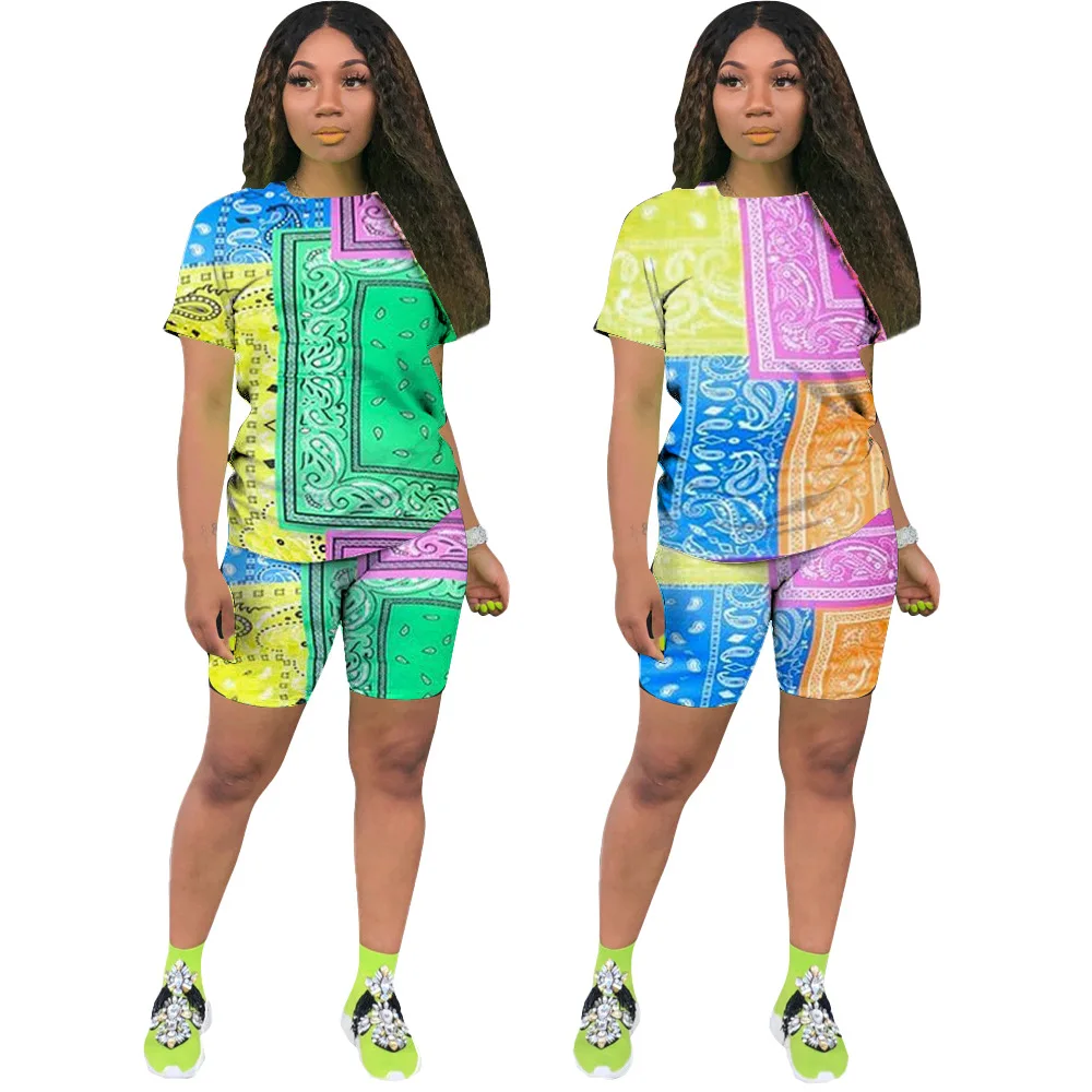 

Women's Suit2021 Spring and Summer Urban Casual Non-Positioning Printing Short-Sleeved T-Shirt Shorts Two-Piece Suit