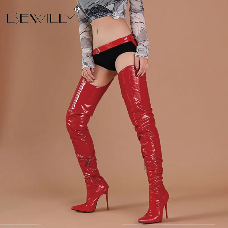 

Lsewilly Over The Knee Boots Lady Patent Thin High Heels Thigh High Boot Stiletto Sexy Pointed Toe Night Bar Shoes Woman