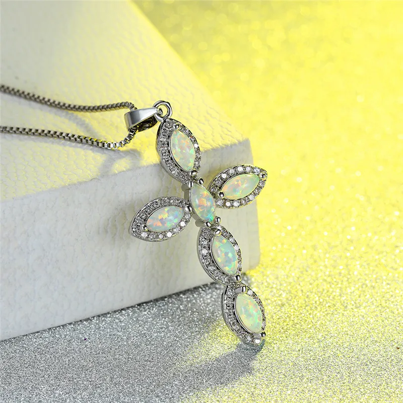 

Luxury Female Leaf Opal Pendant Necklace Rose Gold Silver Color Chain Necklace For Women Trendy Crystal Cross Wedding Necklace