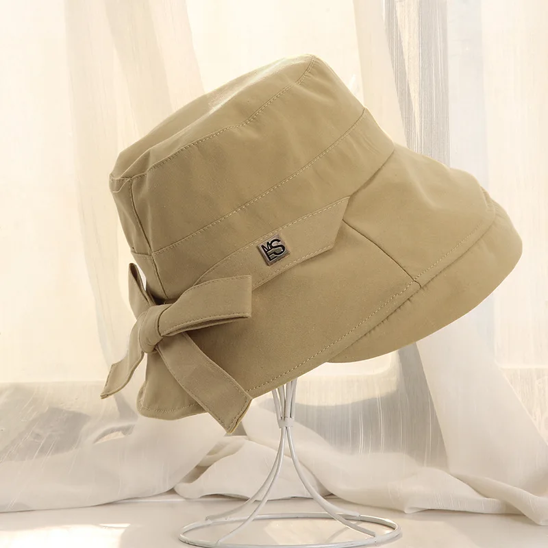 Beige Желтая Женская Рыбацкая шляпа с бантиком, зимняя Весенняя хлопковая льняная шляпа-ведро, складные шляпы с большими полями, Женский уличный солнцезащитный козырек, дешево - Цвет: Beige