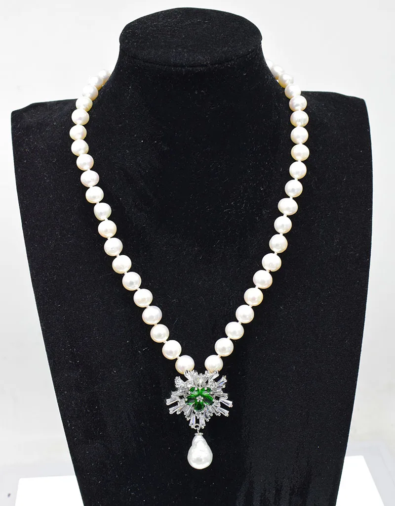 Freshwater pearl 8-9mm near round white wholesale nature beads FPPJ + red/green zircon flower pendant necklace