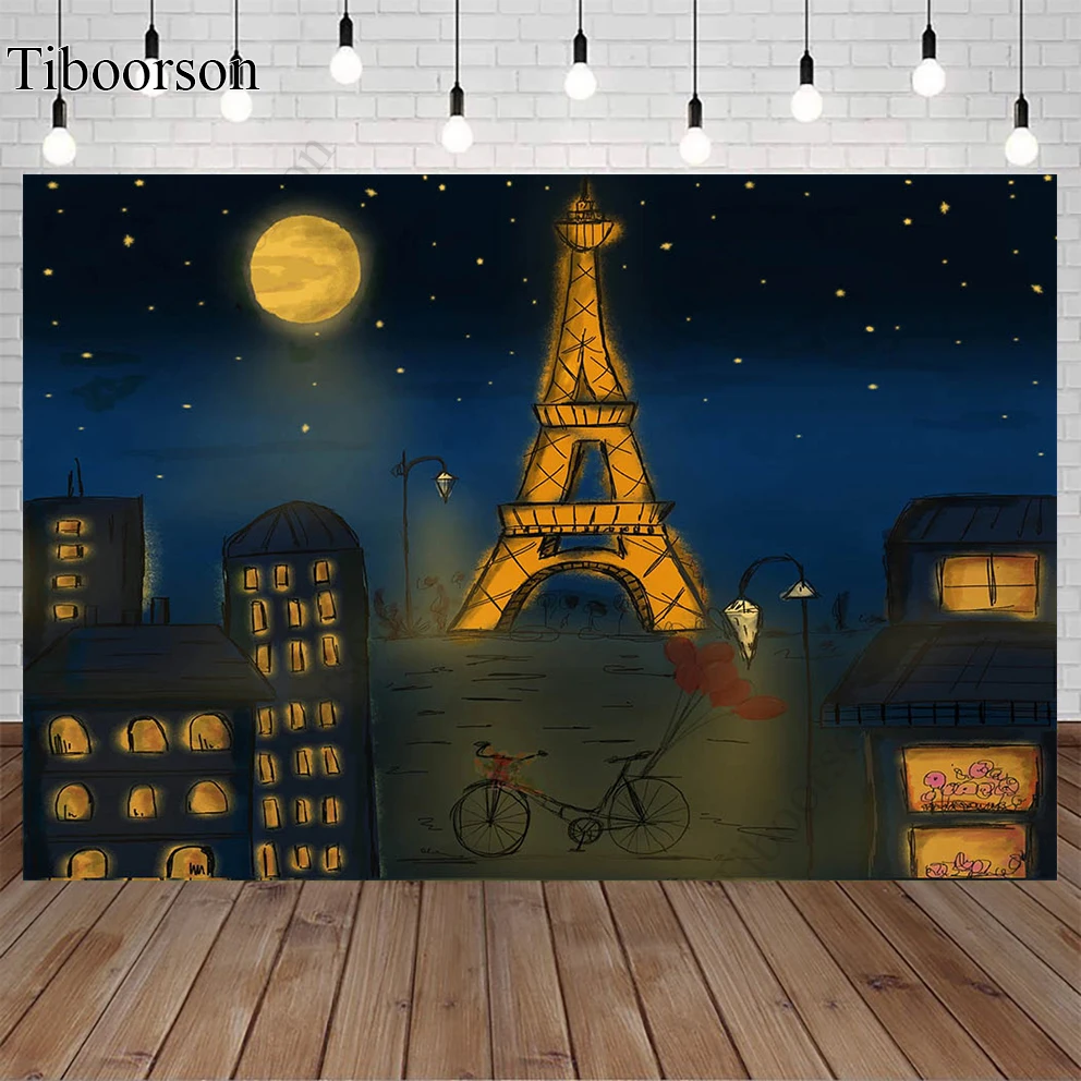 

Child Birthday Theme Party Backdrop for Photography Night Iron Tower Buildings Cityscape Background Photo Studio