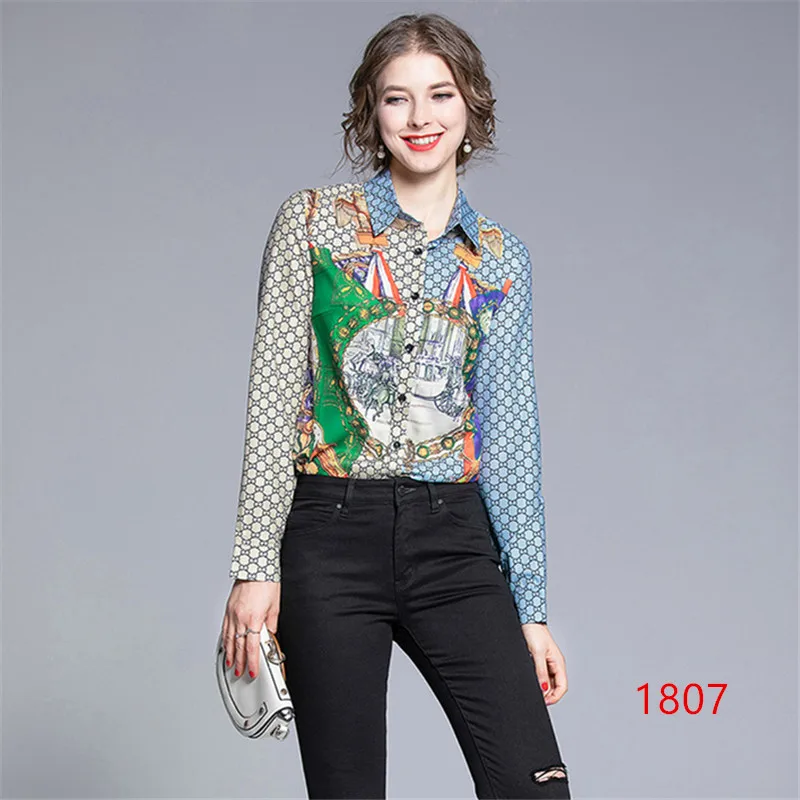 

2019 Luxury Print Shirt Women simple Blouses Vintage Long Sleeve Runway Designer Tops Ladies Office Shirts Blusas Mujer