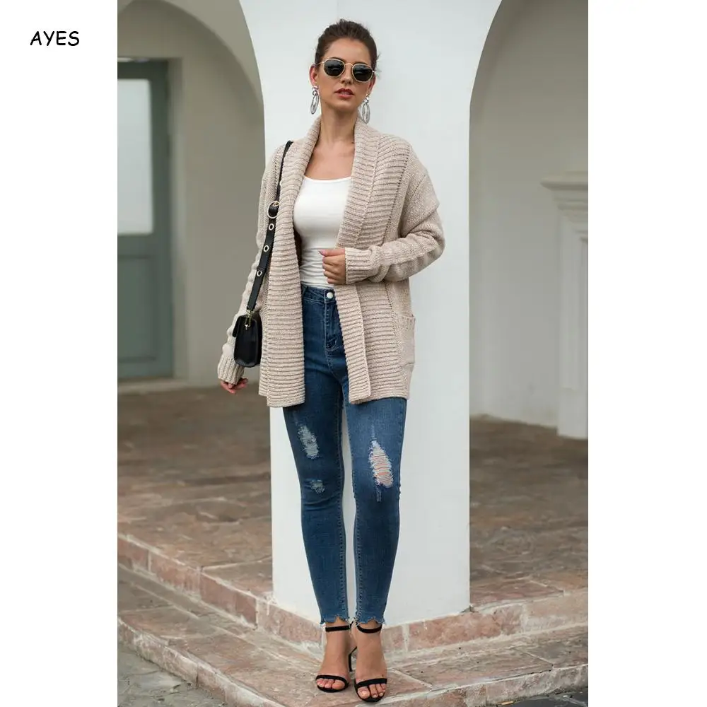 

Casual Sweater Coat Women 2019 Autumn Winter Solid Grey Loose Knitting Cardigan Women Lapel Pockets Cardigan Jumper Pull Femme