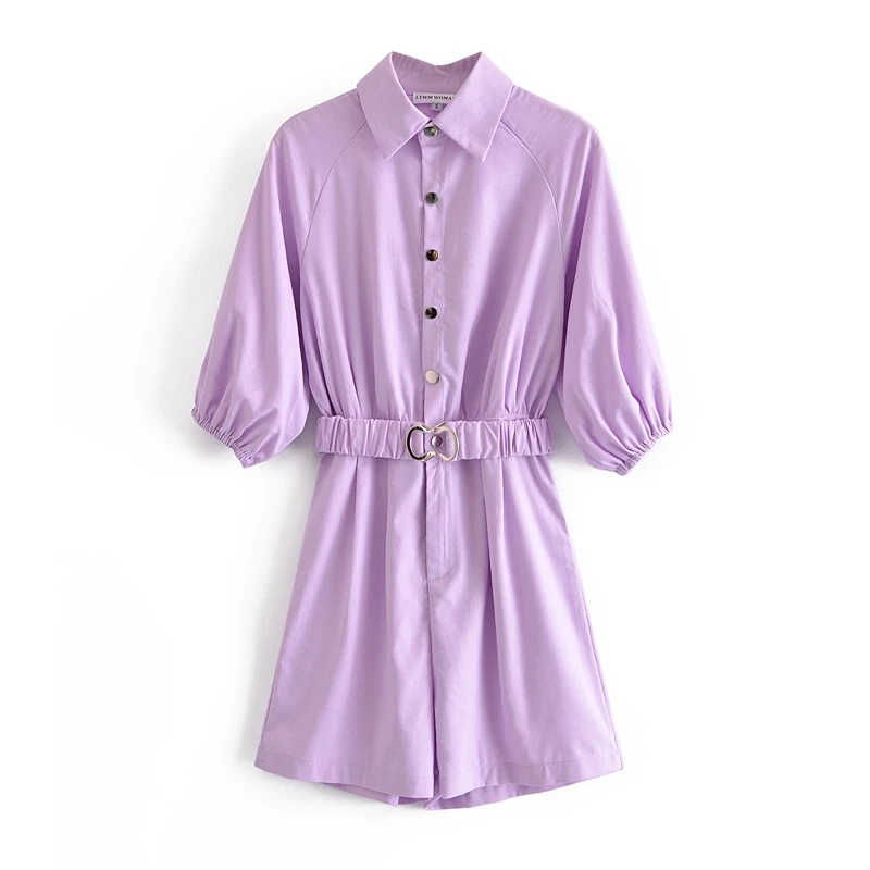 

Summer Vintage Playsyits Turn Down Collar Short Sleeve With Belt Romper Shorts Jumpsuits For Female