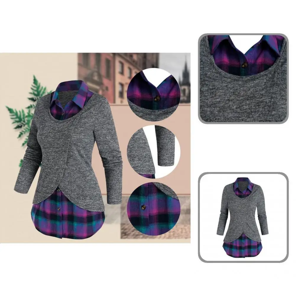 

Women Shirt Trendy Fake Two Pieces Plaid Patchwork Casual Shirt Buttons Simple Autumn Shirt
