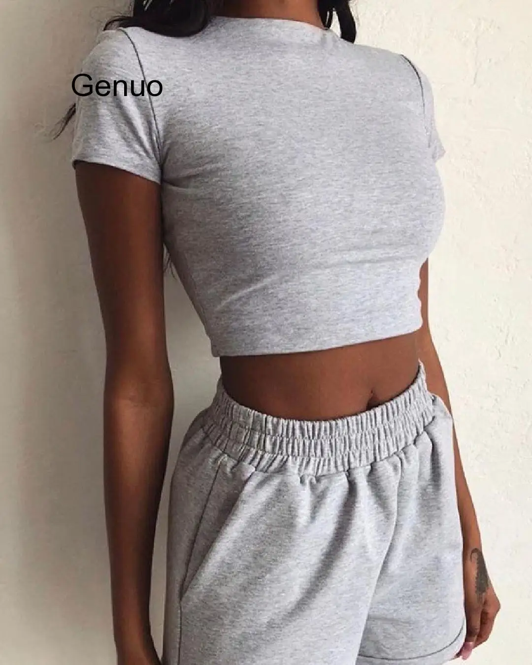 

2 Piece Set Women Summer O-Neck Casual Crop Top 2020 Female Clothing Tracksuit Pockets Loose Shorts Two Piece