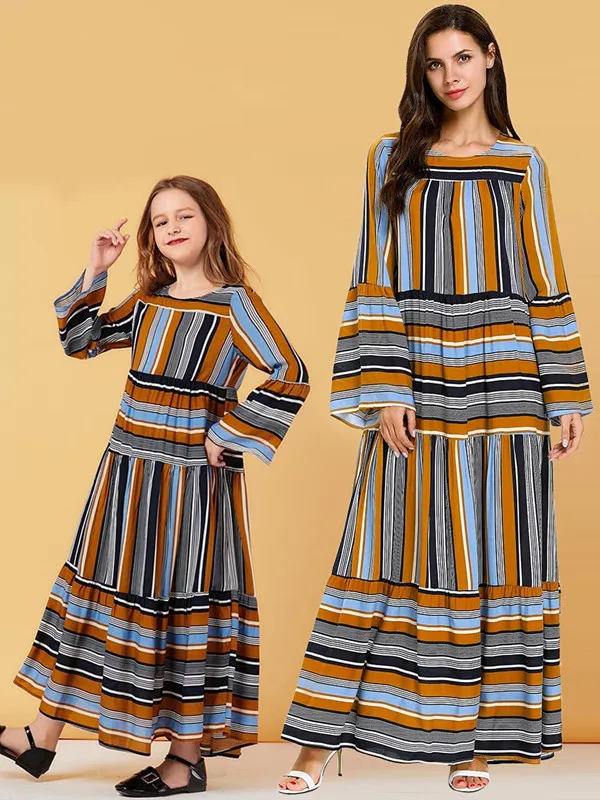 Желтое Пастельное Полосатое платье с длинными рукавами и расклешенными для