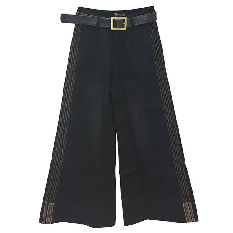 

European station denim wide leg flare pants female Korean version loose high waist side striped bell bottom straight pants F39