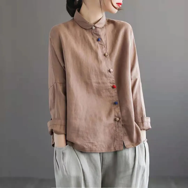 

2021 New Arrival Spring/autumn Women Loose Casual Long Sleeve Peter Pan Collar Blouse Single Breasted Cotton Linen Shirts W198
