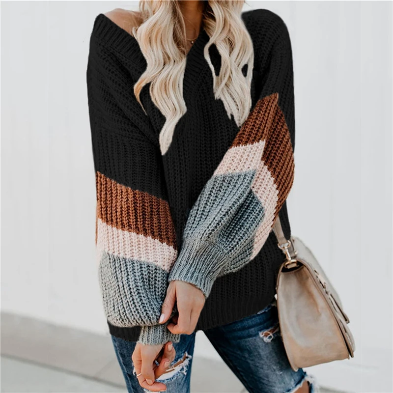 

Autumn Women Knitted Sweater Ladies Lantern Sleeve Vintage Pullovers Patchwork V Neck Fashion Winter Casual Long Sweater