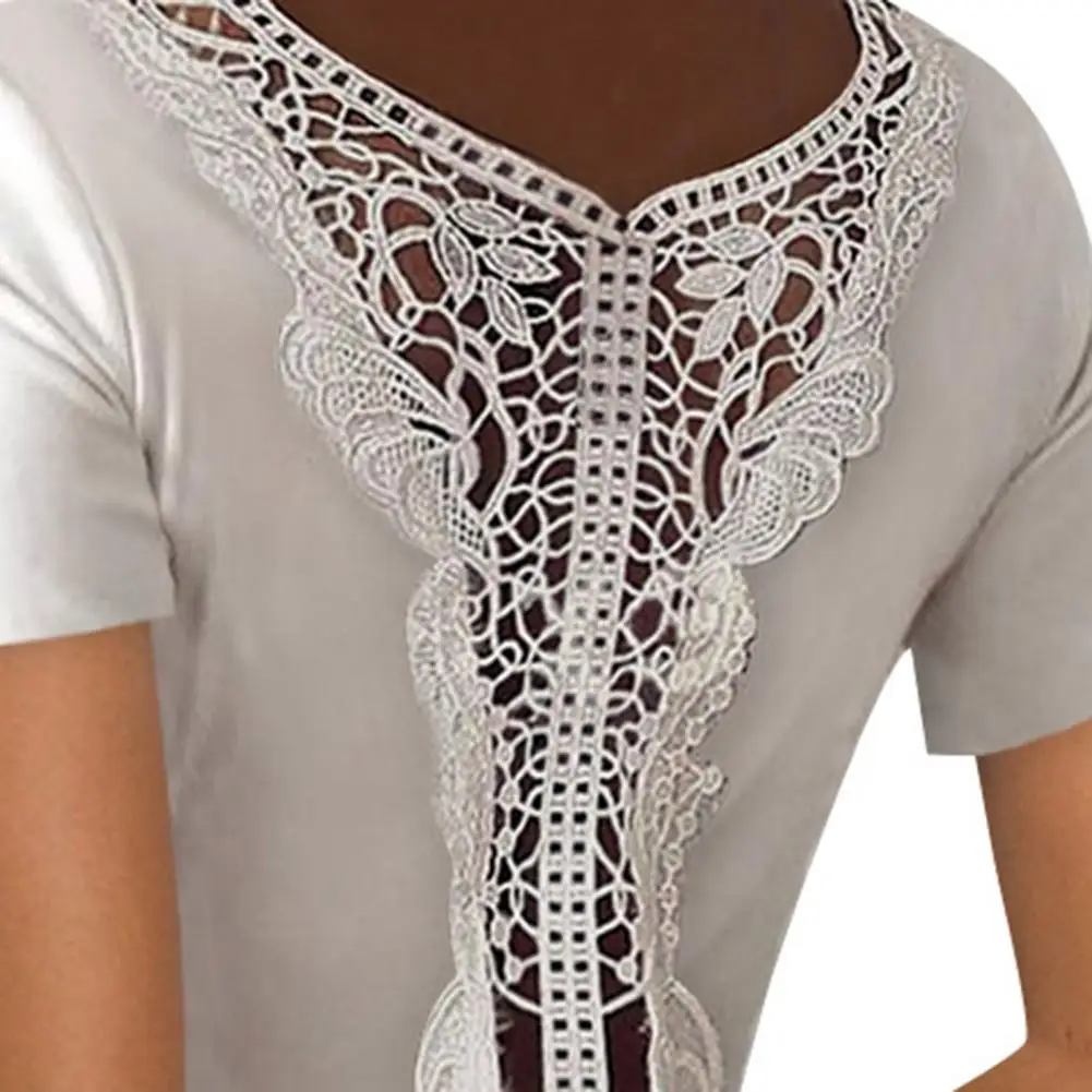 

Summer Solid Color T-Shirts Back Hollow Out Design Lace Decor V-Neck Short Sleeve Slim Pullovers Top for Streetwear Sexy Women