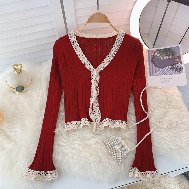 

Women New Short Cardigan Sweater Coat Vintage Lace Patchwork Sweet Simple Tender Autumn Button Lovely Daily Slim Knitted Sweater