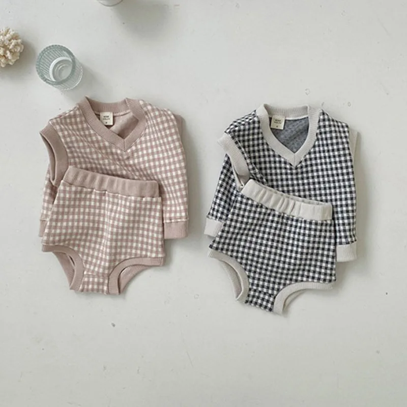 

Autumn Knitwear Korean Baby Sleeveless Sweater Set Toddler Girls Clothes Kids Plaid Outfit Boys Knitted Waistcoat+PP Shorts Suit