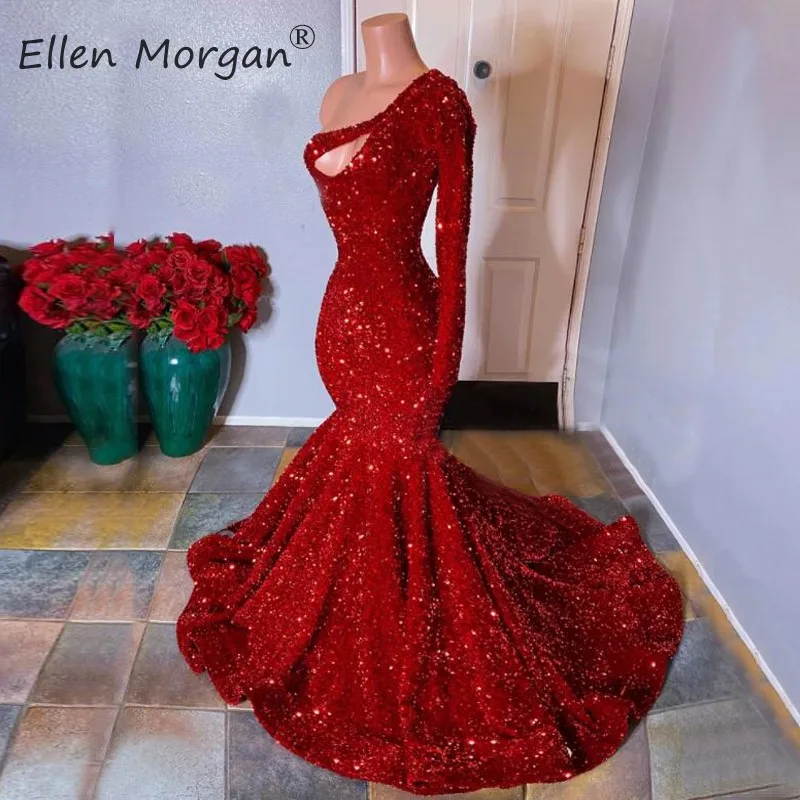 Красные Выпускные платья русалки с блестками 2020 для чернокожих девочек на одно