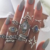 11 pcsset european lotus elephant love crown ring with ancient silve inlaid black precious stone ring set for female wholesale