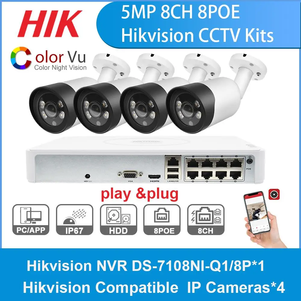 

Hikvision 8CH 8 + 4 kit 5MP ColorVu POE NVR CCTV Kit Аудио Обнаружение движения IP камера видеонаблюдения камера красочное ночное видение