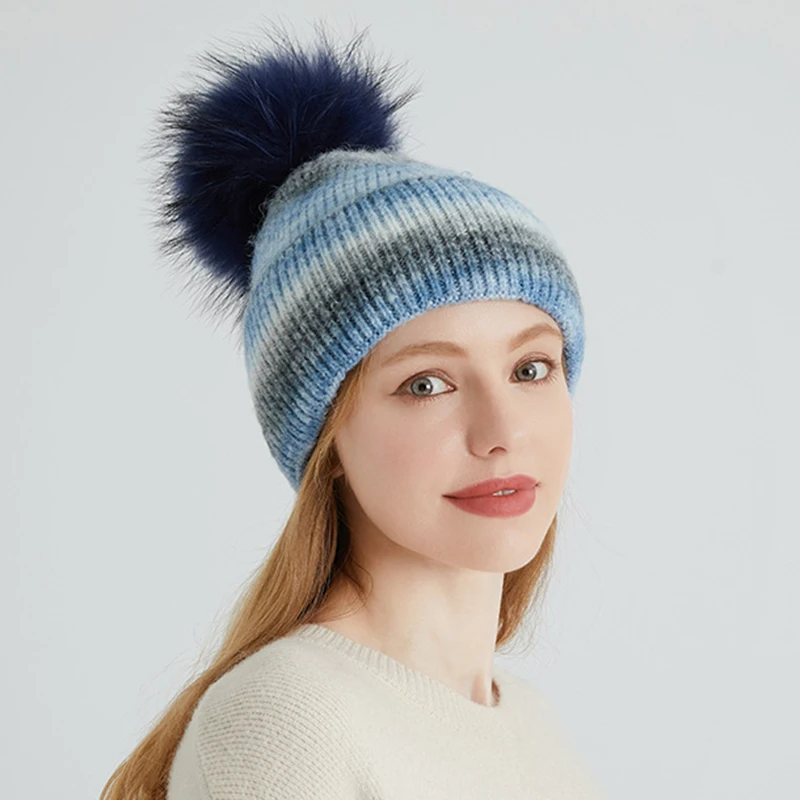 

Beanie Winter Knitted Hats Women Bonnet Rabbit Hair Beanies Raccoon Fur Pompoms Warm Girl Caps Hip-hop Wool Cap S2503