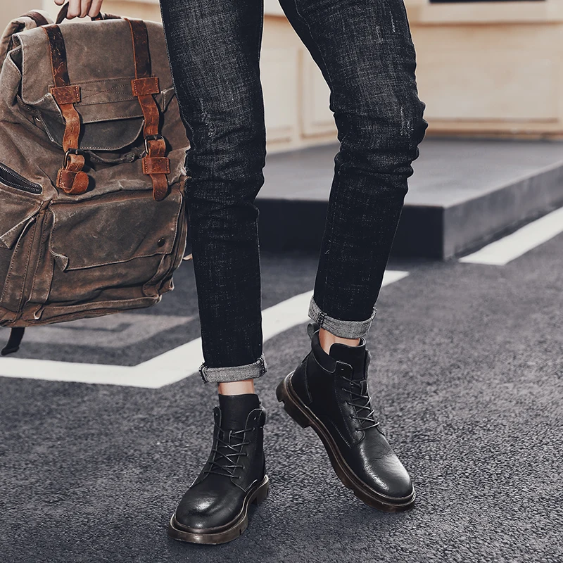 Ботильоны мужские из натуральной кожи мотоциклетные Нескользящие полусапожки