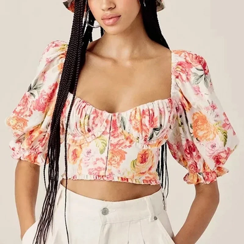 

Кроп-топ женский с цветочным принтом, винтажный пикантный топ с квадратным вырезом и рукавами-фонариками, модная уличная одежда, короткая б...
