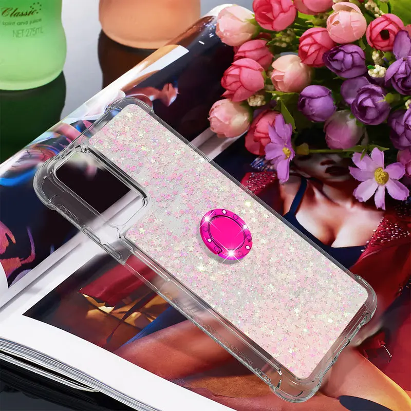 

Silicone Case For Xiaomi Redmi Note 9T Liquid Glitter Quicksand Finger Ring Back Cover For Redmi Note 9 5G 9T Shockproof Cases