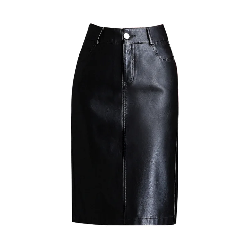 

2020 Autumn & Winter New Arrival Korean Slim Sexy High Waist Skirt Plus Size PU Leather Pocket Mid-leng Skirts Free Shipping