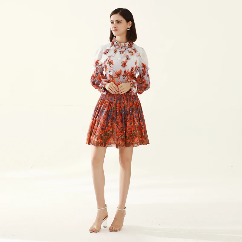 

Runway Designer Spring Fashion New Women'S Print Organza Appliques Long Sleeve Retro Elegant Party Mini Dress