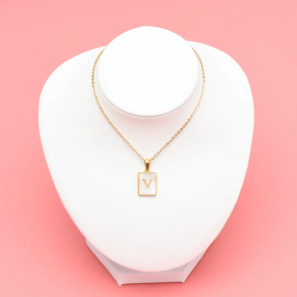 

European and American unisex popular square shell letter pendant, titanium steel necklace with 26 English capital letters