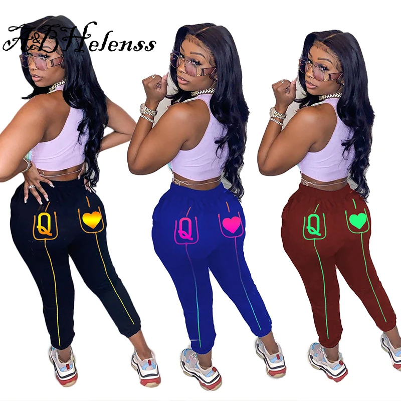 

A&BHelenss Summer Black Vintage Printed Letter Sweatpants Women High Waist Pants Joggers Pocket Leggings Sexy Bodycon Trousers