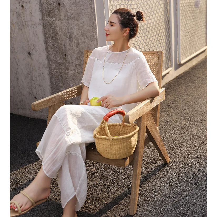 

2021 summer new literature and art women's clothing 100 thread fine texture ramie splicing urban leisure double deck suit