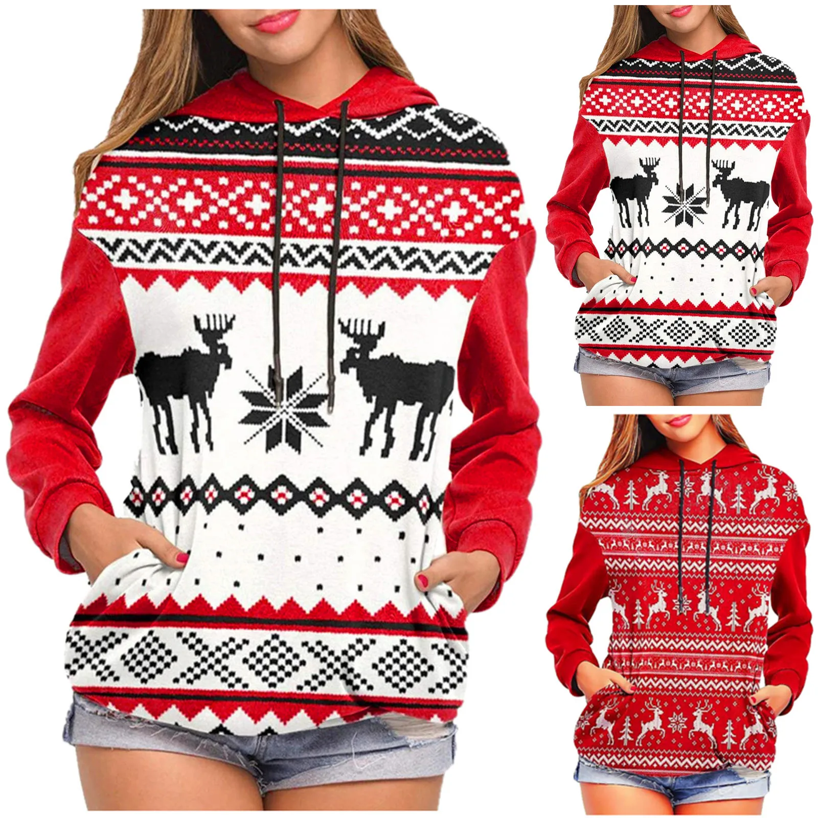 

Stitching Print Hooded Ladies Long-Sleeved Christmas Sweatershirt Casual Fleece Women's Hoodies & Sweatshirts