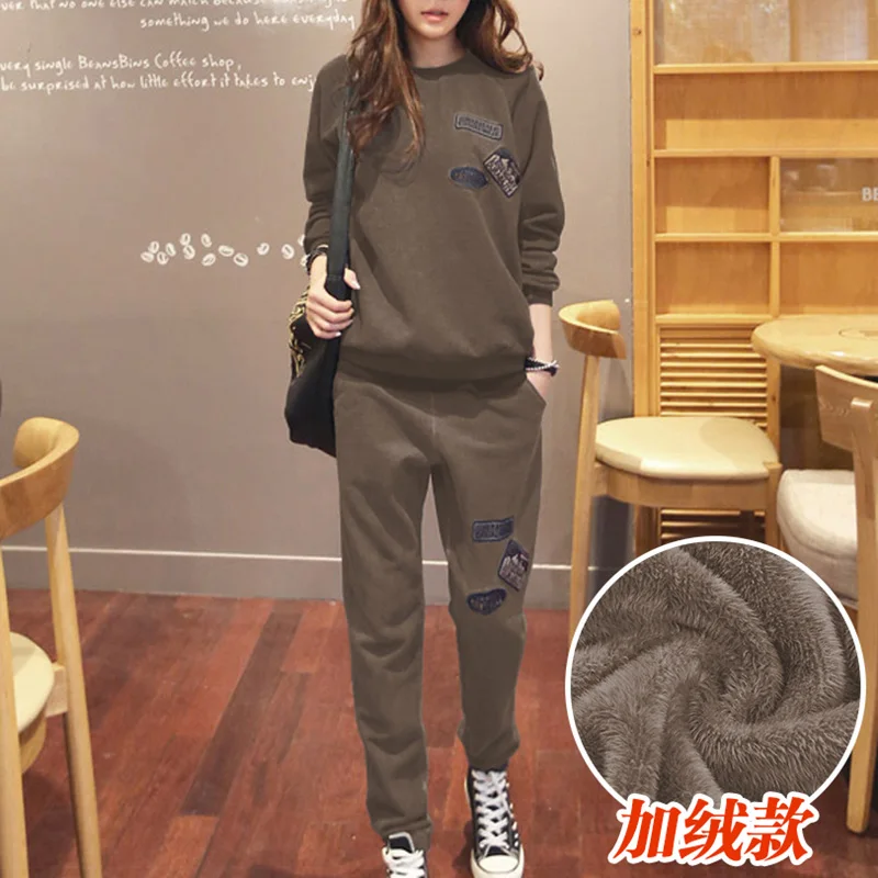 Coffee Winter S-6XL, женская спортивная одежда, спортивные костюмы, весна, осень, зима, повседневные, плюс бархат, Толстая Толстовка+ штаны, комплекты для женщин размера плюс - Цвет: Coffee Winter