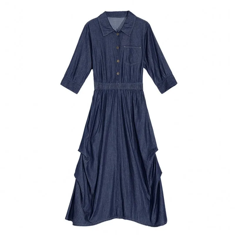 

England Style Half Sleeve Asymmetrical Hem Ladies Denim Dresses Lapel Elastic Waist Mid Calf Length 100% Cotton A-Line Dresses