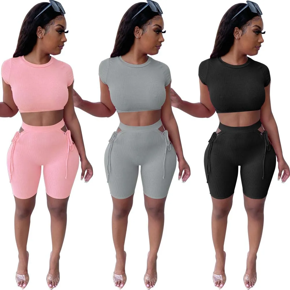 

Zoctuo Solid Two Piece Set Knitted Women Set Crop Tops And Lace Up Shorts Jogger Suit Tracksuits Cut Out Outfits Matching Set