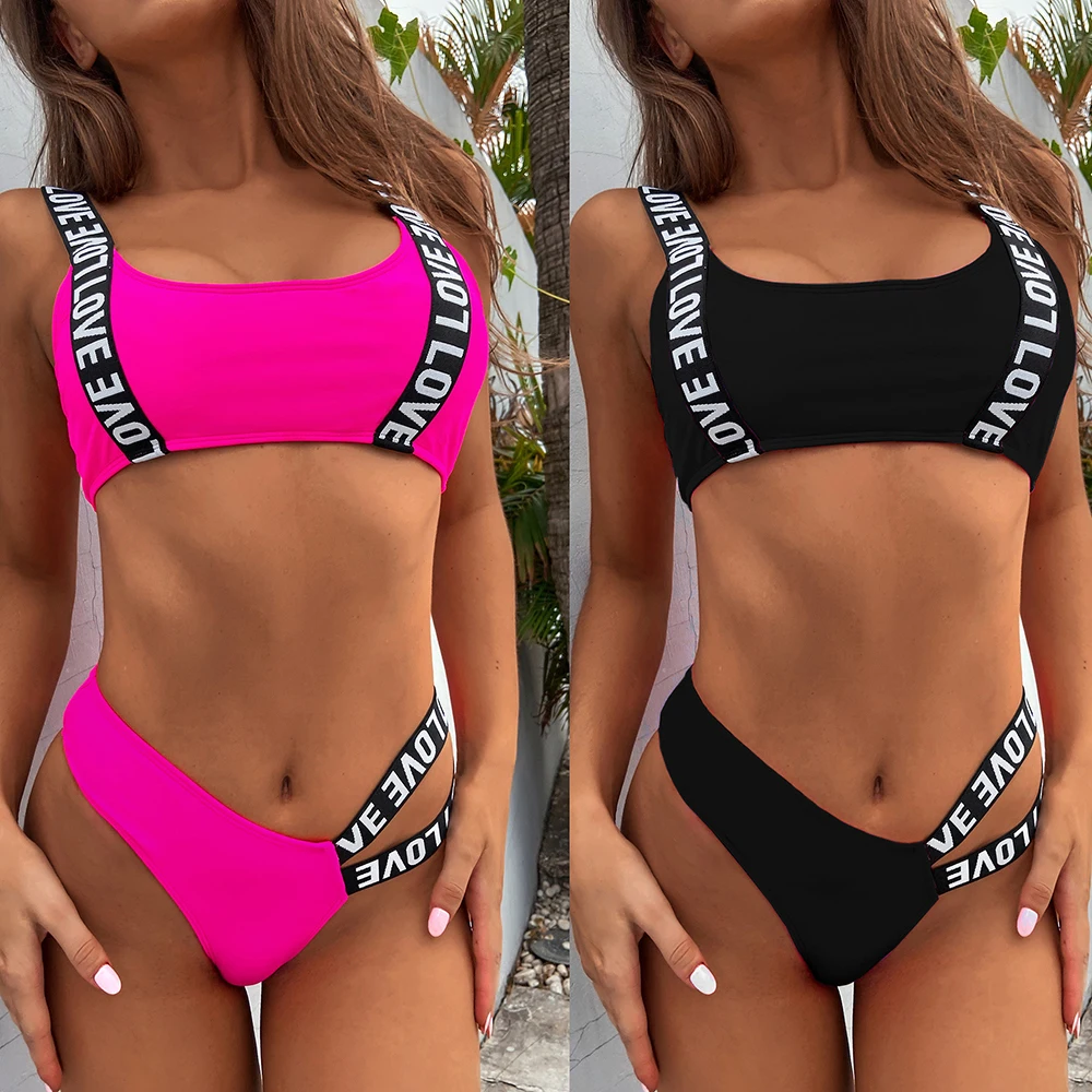

Women Push Up Two Piece Bikini Set Letter Print Wide Straps Solid Scoop Neck High Waisted Swimsuits Padded Swimwear Bathing Suit