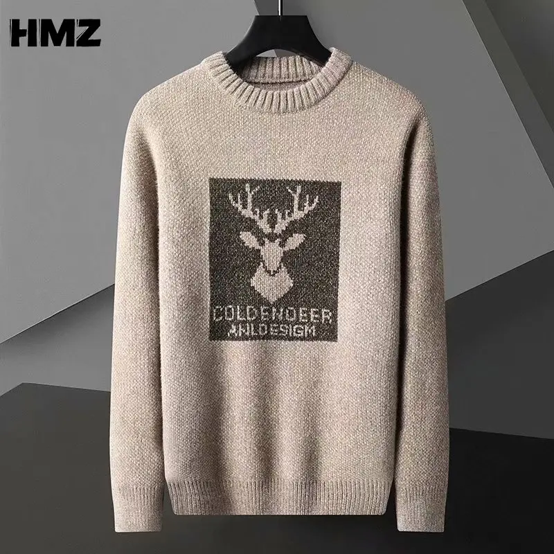 

HMZ New Fashion Men Pullover Sweater Knit Deer Pullover Mens O Neck Knitted Sweater Long Sleeves Tops Male Thick Sweaters Men