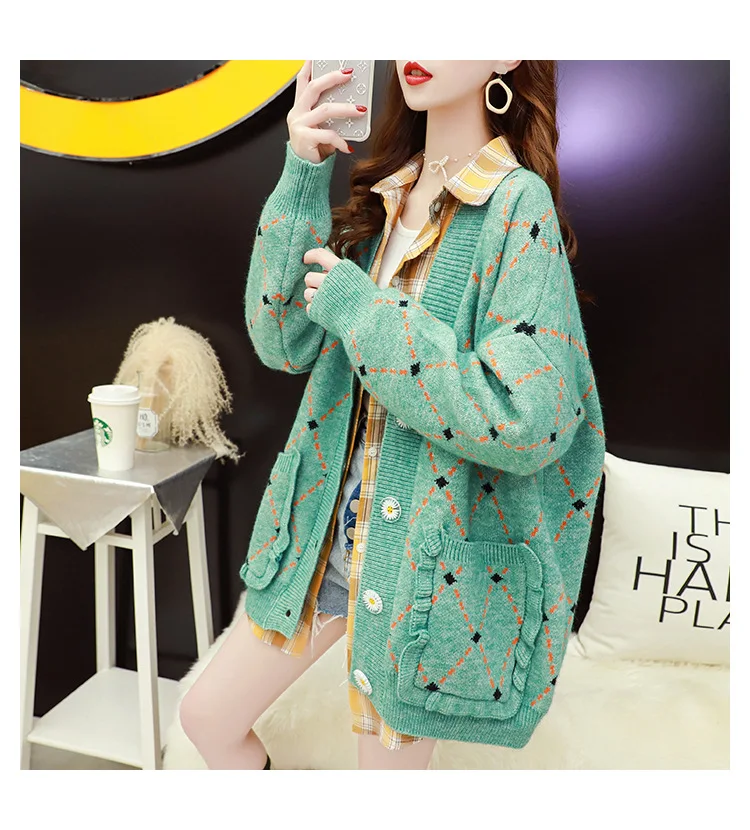 

Hsa Women Winter Sweater and Cardigans Ruffles Argyle V neck Casual Knit Jumpers Loose Style Christmas Knit Coat Sweater Tops