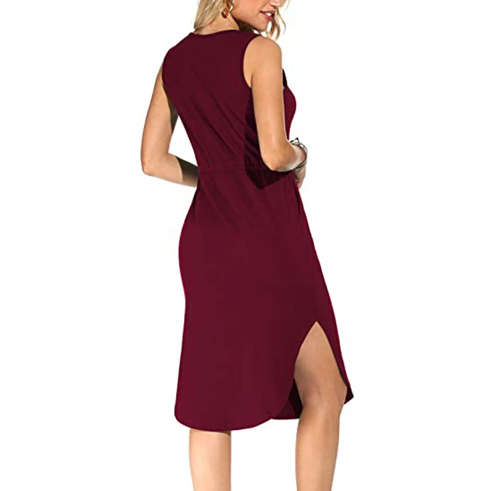 

Sagace 2021 New Summer Mini Dress Fashion Women O-Neck Casual Solid Pockets Sleeveless Above Knee Dress