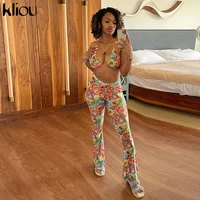 kliou florals mesh printed two piece set women 2021 sexy bandage backless crop top and flare pants casual active workout outfit