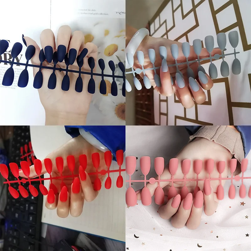 24 Pcs Matting Fake Nail Tips Matt Solid Pure Nails Almond Pointed Press on Oval Colorful Art Tools Accessories | Красота и здоровье