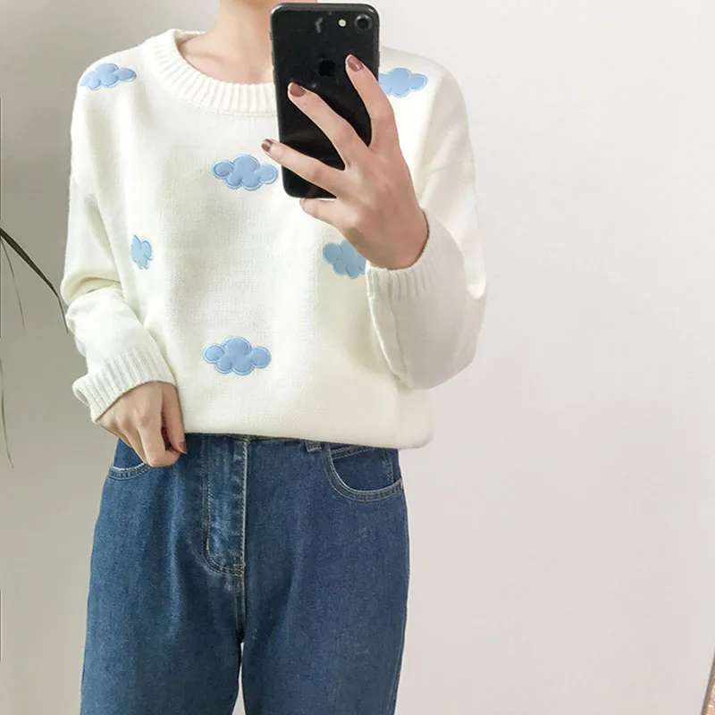 

Preppy Style Women's Sweaters Fashion O-neck Long Sleeve Cloud Appliques High Elastic Knitted Pullovers Warm Sweaters All-match