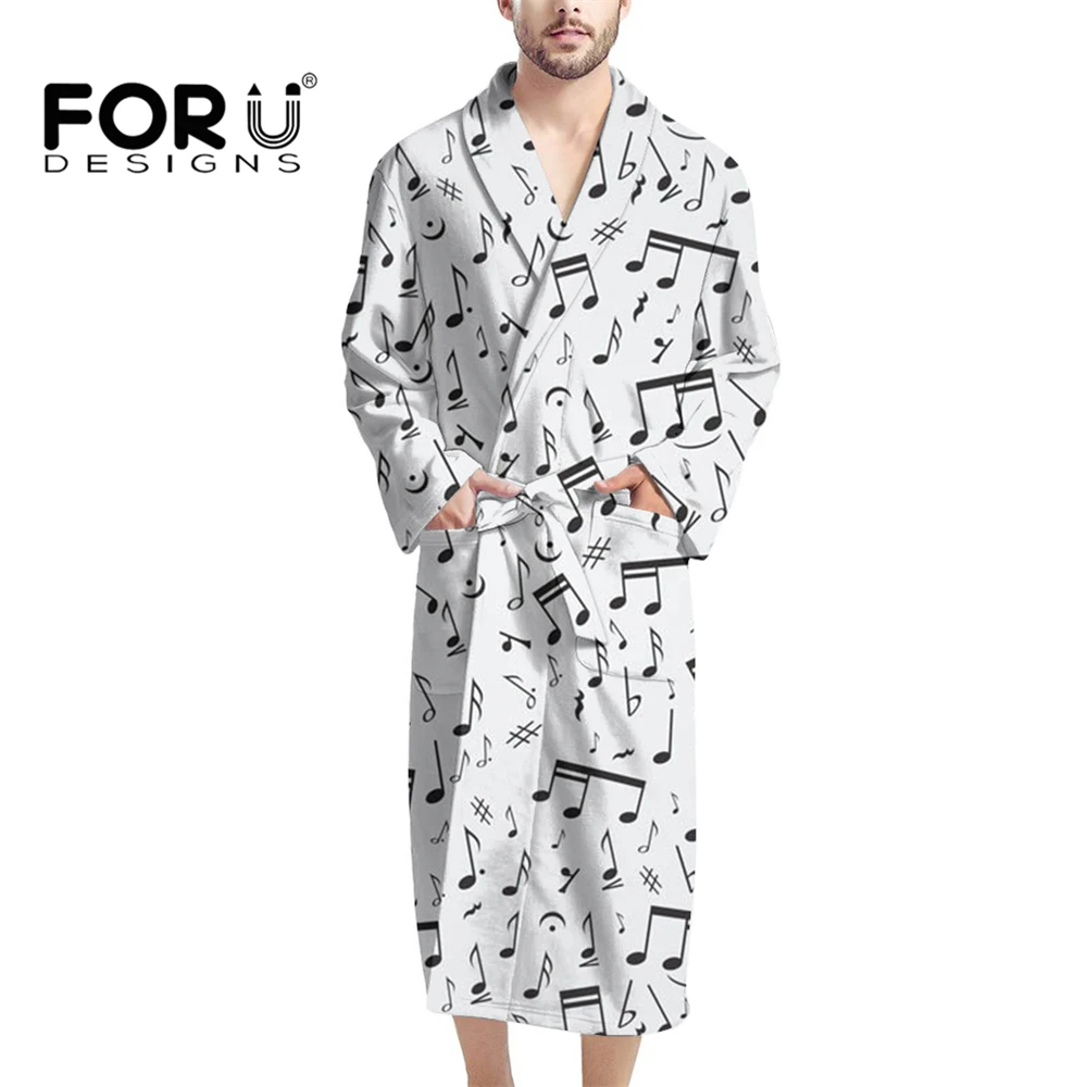 

FORUDESIGNS/мужской простой банный халат с музыкальной нотой, флисовый плюшевый пушистый домашний халат, ночная рубашка с длинным рукавом и прин...