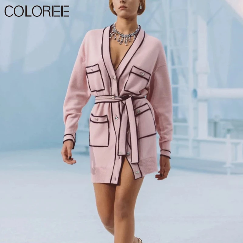 Runway Designers Tops for Women 2021 Autumn Winter Loose Casual V-neck Pink/black/white Knitted Cardigan Mujer Ovesized Sweater