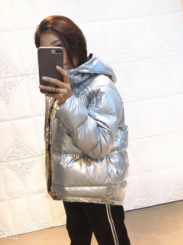 Gold -No fur collar Для женщин теплая дутая куртка короткая пуховики и парки Двусторонняя одежда Пуховики на белом утином пуху Женская зимняя обувь серебряного порошка яркий Цвет пальто свободного кроя - Цвет: Gold -No fur collar